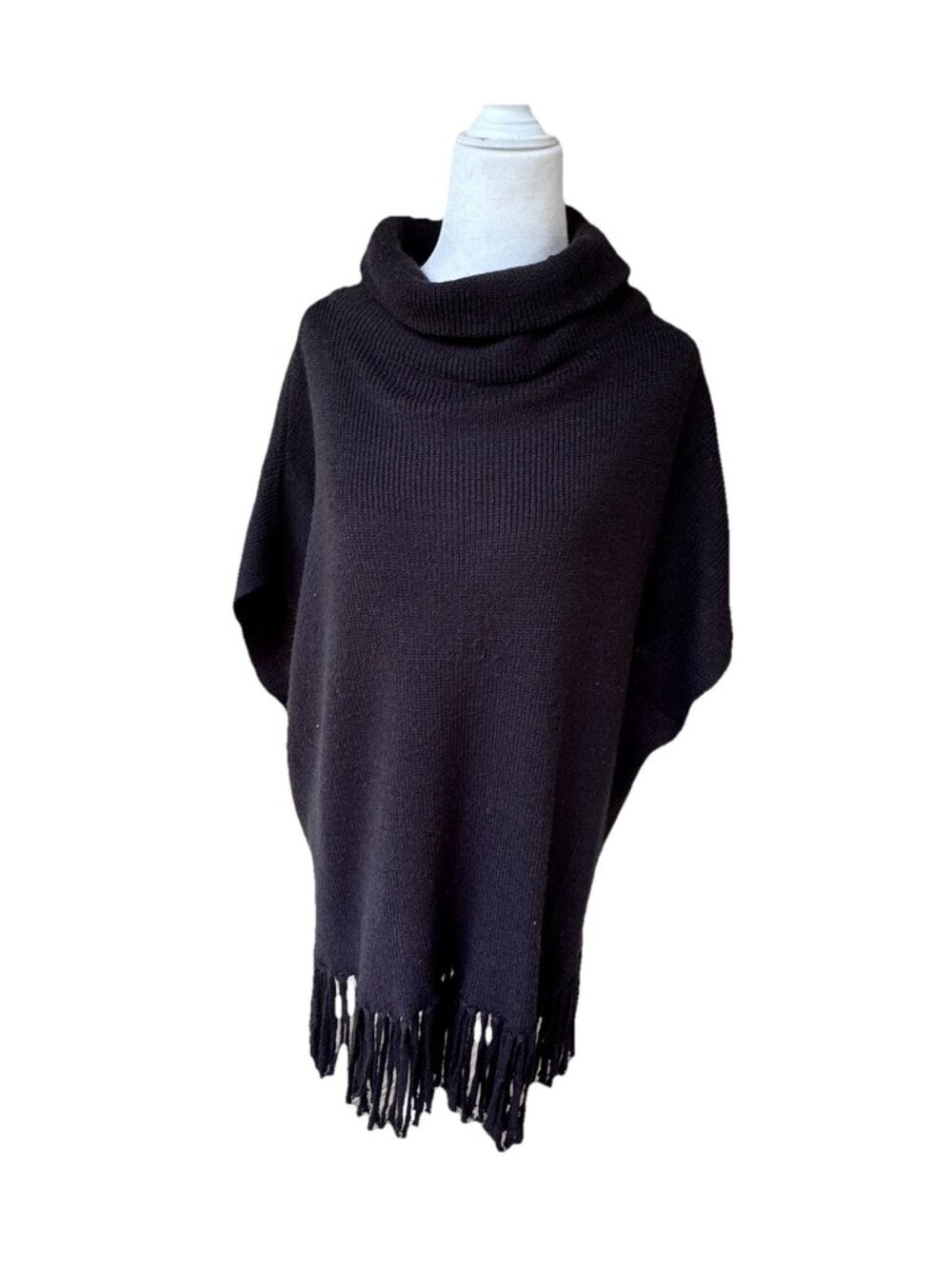Oversized Cowl Neck Sweater Poncho Fringe Black One Size Fits All